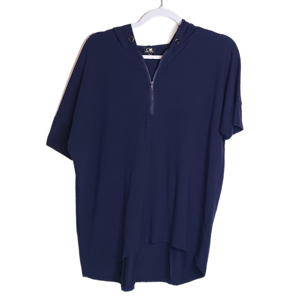 Cable & Gauge Quarter Zip Short Sleeve Hooded Shirt Navy Size Medium